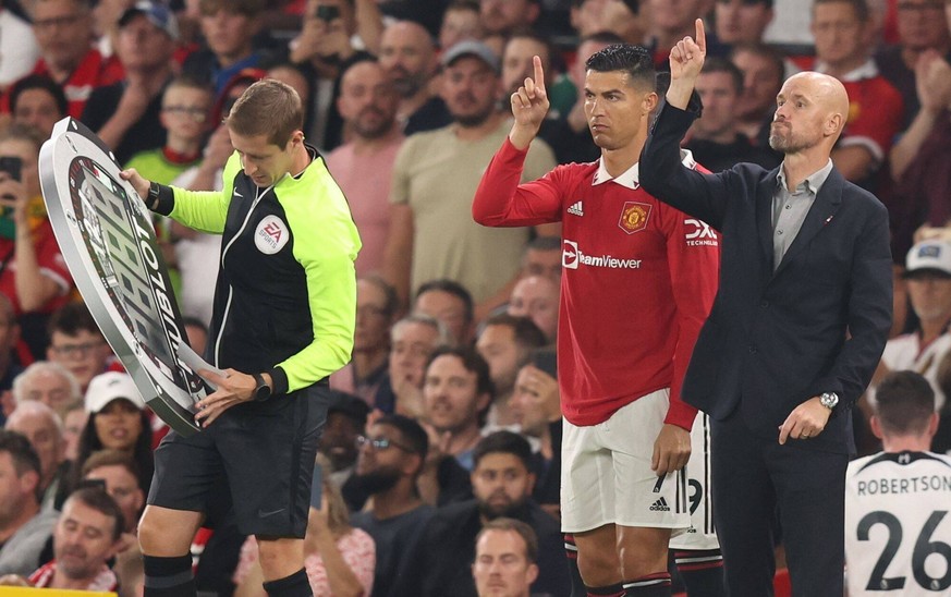 Mandatory Credit: Photo by Paul Currie/Shutterstock 13134297fs Cristiano Ronaldo of Manchester United, ManU and Manchester United manager Erik ten Hag. Manchester United v Liverpool, Premier League, F ...