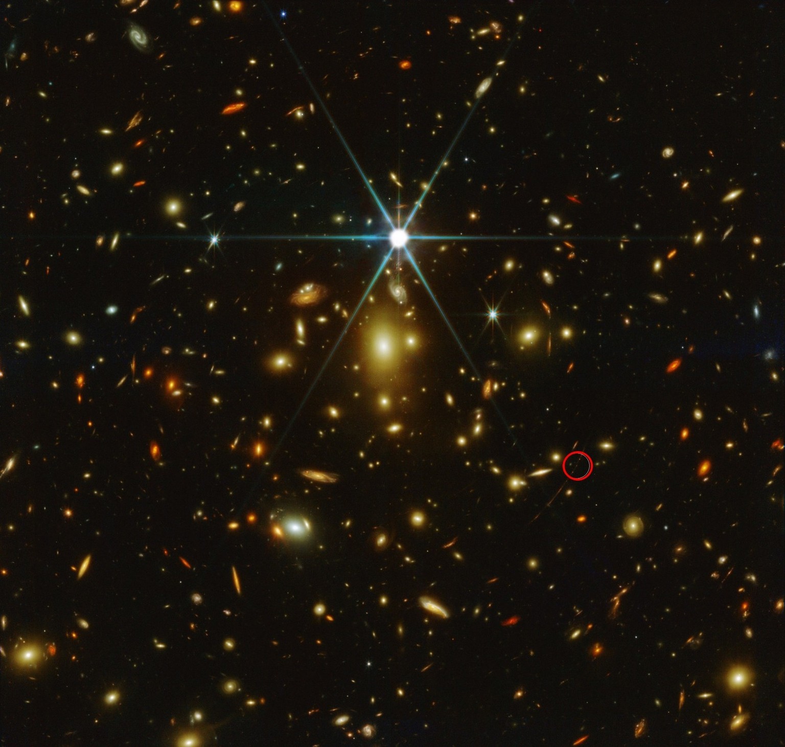 The first JWST image of Earendel, the most distant star known in our universe, lensed and magnified by a massive galaxy cluster. It was observed last weekend by JWST program 2282.