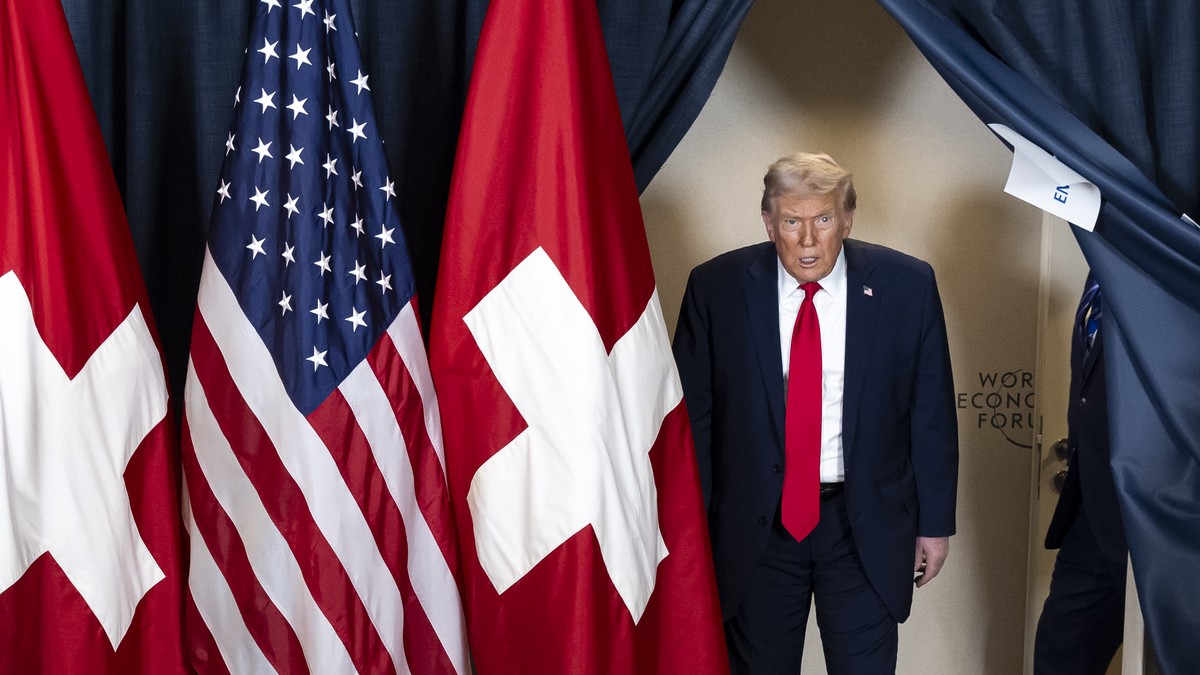KEYPIX - US President Donald Trump, second-right, arrives for a bilateral meeting with Switzerland's Federal President Guy Parmelin, Switzerland's Economy Minister Federal councillor Karin K ...