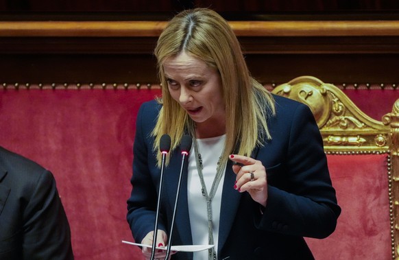 Italian Premier Giorgia Meloni addresses the Italian senate in Rome Tuesday, March 21, 2023 ahead of the EU Council meeting on March 23 and 24. (AP Photo/Gregorio Borgia)
Giorgia Meloni
