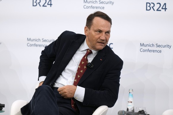 Poland&#039;s Foreign Minister Radoslaw Sikorski attends a panel discussion during the Munich Security Conference at the Bayerischer Hof Hotel in Munich, Germany, Saturday, Feb. 15, 2025. (AP Photo/Ma ...