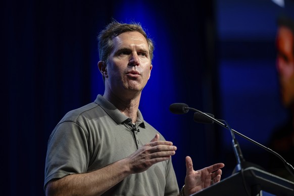 Kentucky Governor Andy Beshear speaks on stage at GE Appliances global headquarters, Wednesday, Aug 13, 2025, in Louisville, Ky. (AP Photo/Jon Cherry)
GE Appliances