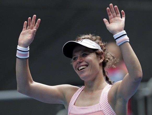 Germany&#039;s Laura Siegemund celebrates after defeating Victoria Azarenka of Belarus in their first round match at the Australian Open tennis championships in Melbourne, Australia, Tuesday, Jan. 15, ...