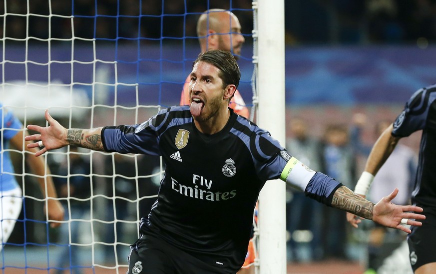 Football Soccer - Napoli v Real Madrid - UEFA Champions League Round of 16 Second Leg - San Paolo stadium, Naples, Italy - 07/03/17 - Real Madrid&#039;s Sergio Ramos celebrates after scoring against N ...