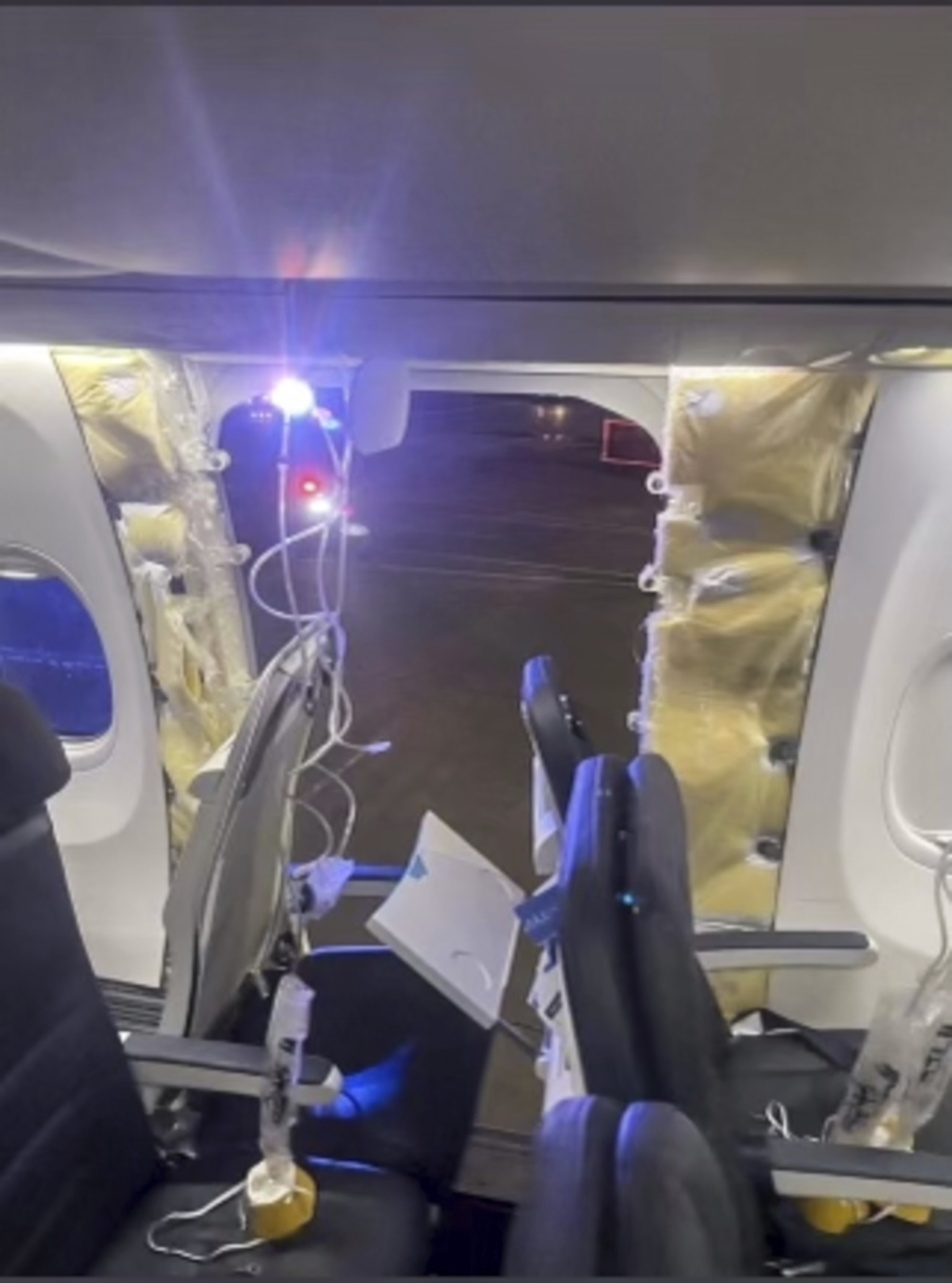 CORRECTS TO 2024, NOT 2023 - This photo provided by an unnamed source shows the damaged part of an Alaska Airlines Boeing 737 Max 9, Flight 1282, which was forced to return to Portland International A ...