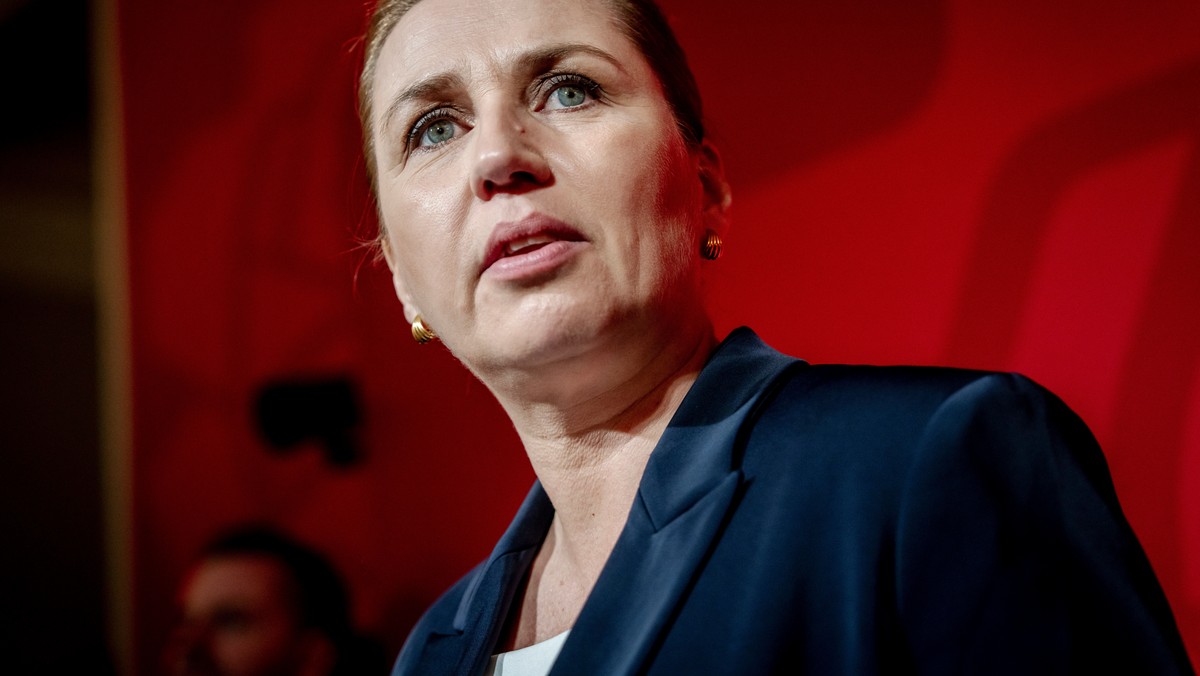 Denmark's Prime Minister and chair of the Social Democrats, Mette Frederiksen, speaks during the election celebration in the Faellessalen at Christiansborg, in Copenhagen, early Wednesday, March  ...