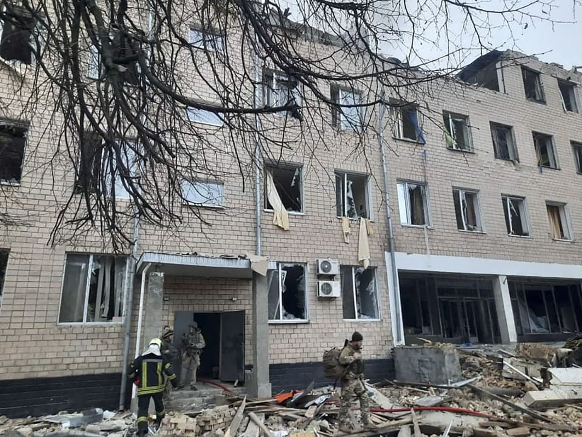 epa09780220 A handout photo made available by the Ukrainian Interior Ministry's press service shows the aftermath of an explosion in the premises of a military unit building in Kiev (Kyiv), Ukrai ...