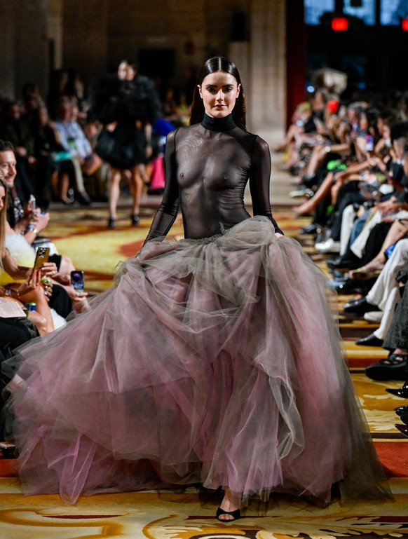 EDS NOTE: NUDITY - A model walks the runway during the Christian Siriano Spring/Summer 2027 presentation as part of New York Fashion Week on Thursday, Sept. 10, 2026, in New York. (AP Photo/Vincent Al ...