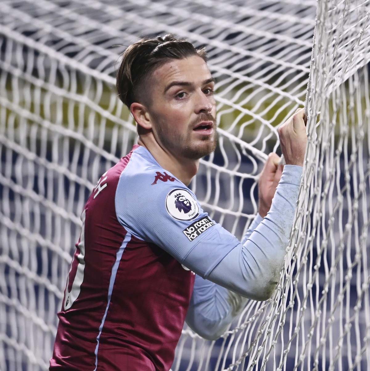 Aston Villa's Jack Grealish reacts after missing a chance during the English Premier League soccer match between West Bromwich Albion and Aston Villa at the Hawthorns, West Bromwich, England, Sun ...