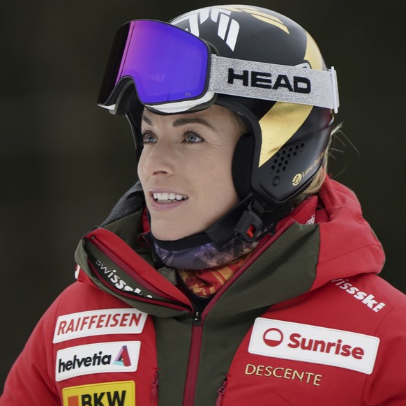 Switzerland's Lara Gut Behrami prepares during an alpine ski, women's World Cup downhill, in Garmisch, Germany, Saturday, Jan. 25, 2025. (AP Photo/Piermarco Tacca)