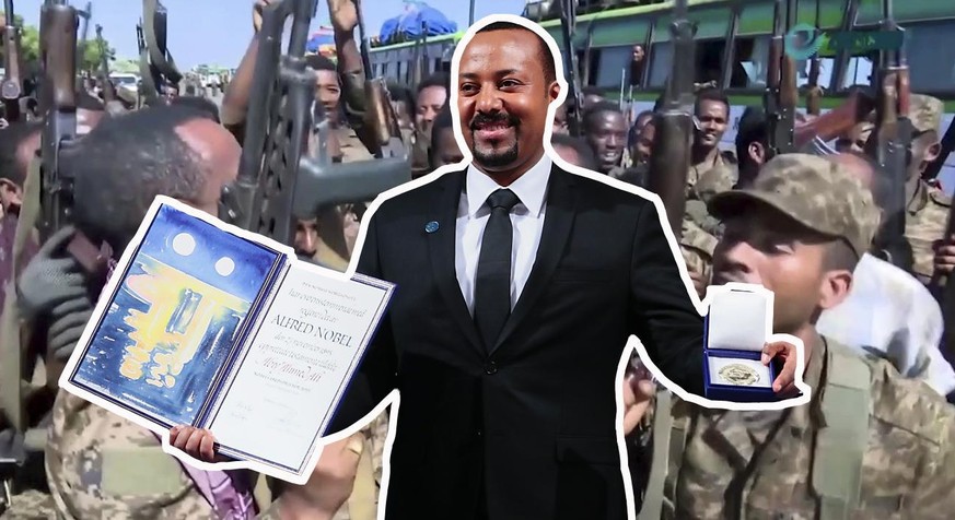 Gegensätze: Abiy Ahmed mit dem Friedensnobelpreis und seine Truppen.