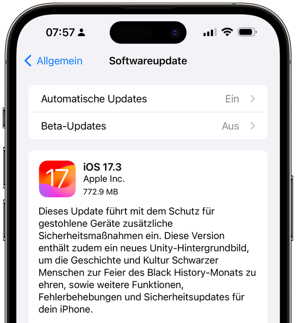 Screenshot: iPhone 15 Pro Max mit Update iOS 17.3