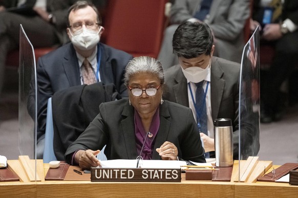 In this image provided by the United Nations, U.S. Ambassador to the United Nations Linda Thomas-Greenfield speaks during an emergency U.N. Security Council meeting on Ukraine, at the U.N. headquarter ...
