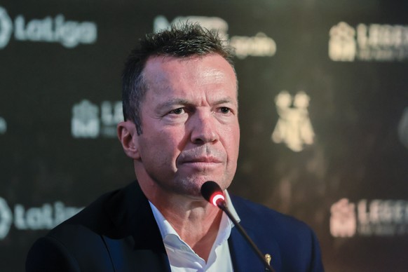 epa10137425 German soccer legend Lothar Matthaus attends to the delivering act of the T-shirt that Maradona gave to him in the final of Mexico World Cup 1986 as a donation to the Legends Museum during ...