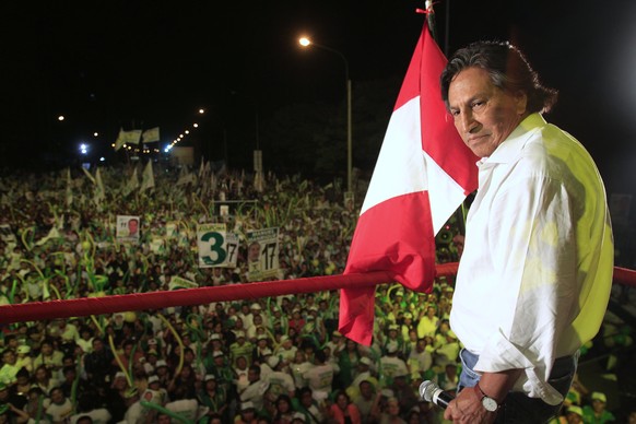 FILE - In this April 7, 2011 file photo, then presidential candidate Alejandro Toledo takes part in a campaign rally in Lima, Peru. A judge in the U.S. said, Tuesday, September 28, 2021, that former p ...