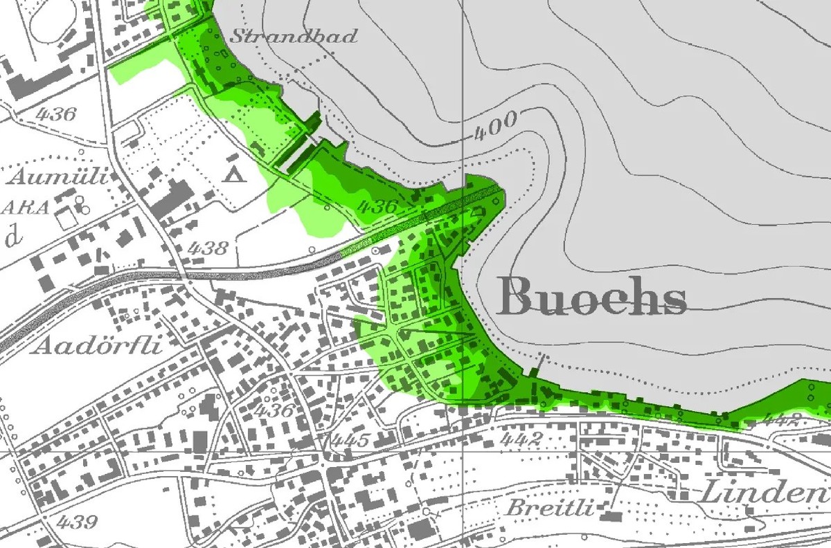 En cas de tsunami, Buochs serait sous les eaux. Le dégradé de vert indique l’intensité de la vague de crue.