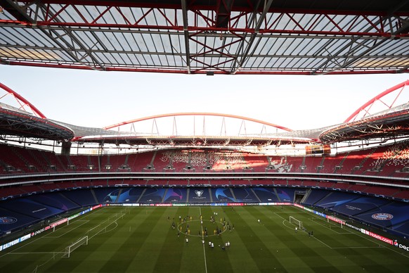 PSG players exercise during a training session at the Luz stadium in Lisbon, Saturday Aug. 22, 2020. PSG will play Bayern Munich in the Champions League final soccer match on Sunday. AP Photo/Manu Fer ...