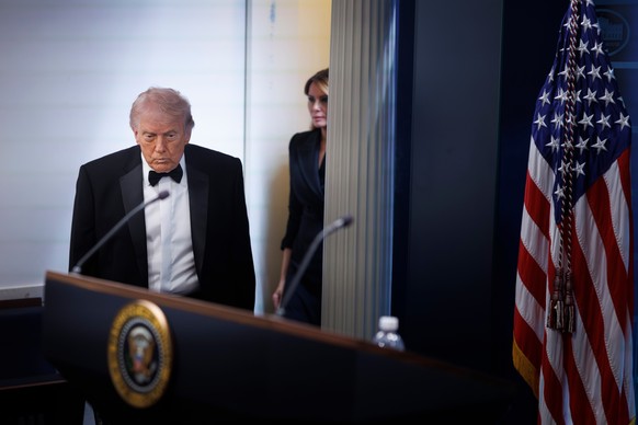 President Donald Trump arrives at the James Brady Press Briefing Room at the White House after a shooting incident outside the ballroom at the annual White House Correspondents' Association Dinne ...