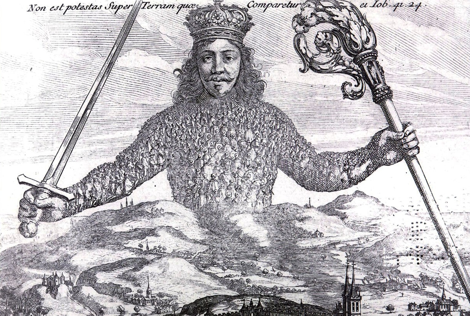 Titelblatt von Hobbes’ «Leviathan»: Der Souverän herrscht über Land, Städte und deren Bewohner.