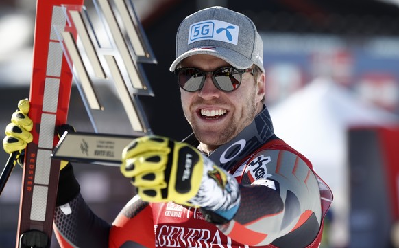 Norway&#039;s Aleksander Aamodt Kilde celebrates winning an alpine ski, men&#039;s World Cup super-G, in Kvitfjell, Norway, Sunday March 6, 2022. (AP Photo/Gabriele Facciotti)