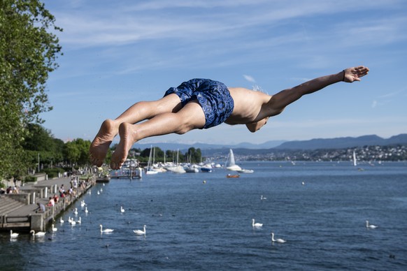 Jean-Claude springt zur Abkuehlung in den Zuerichsee, aurgenommen am Montag, 24. Juni 2019 in Zuerich. (KEYSTONE/Ennio Leanza)