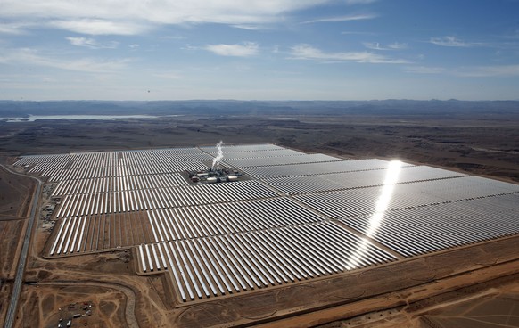 Aerial view of the solar plant of Ouarzazate, central Morocco, Thursday, Feb.4, 2016. Morocco unveils what&#039;s billed as the world&#039;s biggest solar plant, taking advantage of the Sahara sunshin ...