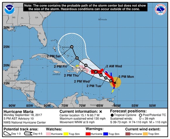 epa06212871 A handout graphic made available by National Hurricane Center shows the location and possible track of Hurricane Maria, Atlantic Ocean, 18 September 2017. Hurricane Maria reached category  ...