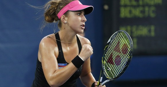 Belinda Bencic, of Switzerland, reacts after taking a game from Misaki Doi, of Japan, during the second round of the U.S. Open tennis tournament in New York, Wednesday, Sept. 2, 2015. (AP Photo/Julio  ...