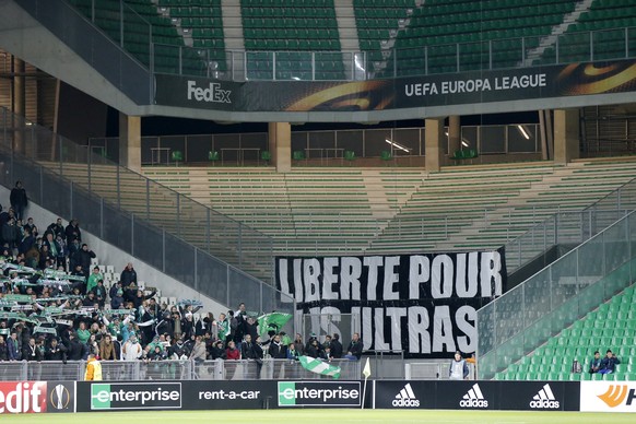 An empty fan sector seen prior to the UEFA Europa League Round of 32 match between France’s AS St-Etienne and Switzerland's FC Basel at the Stade Geoffroy-Guichard in St-Etienne, France, Thursday ...