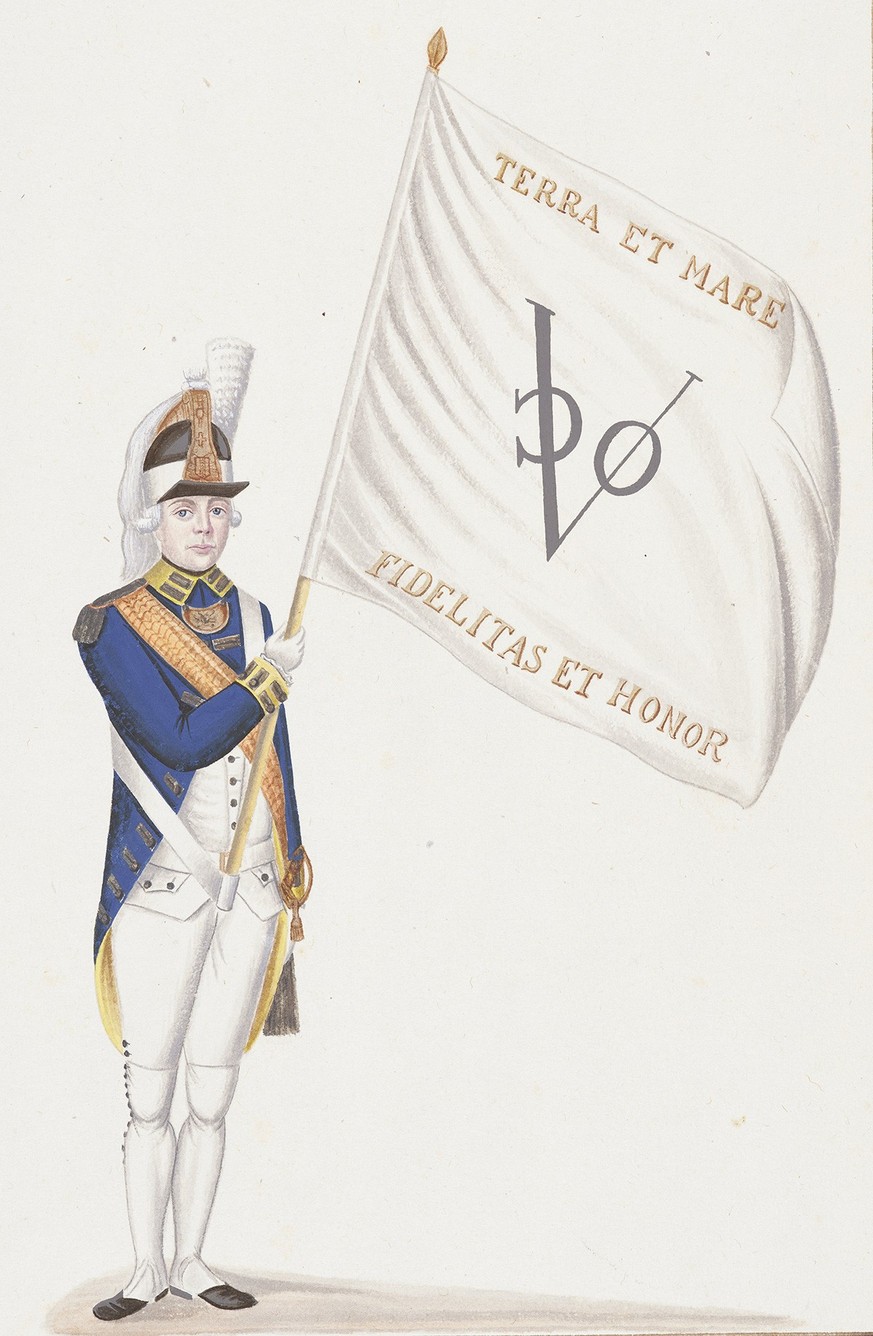 Schweizer Söldner (Fähnrich) aus dem Regiment de Meuron im Dienst der Holländischen Ostindienkompanie, um 1790.
https://permalink.nationalmuseum.ch/100307867