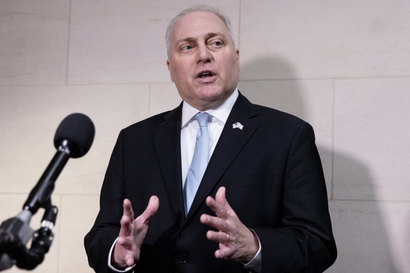 epa10913779 Republican Louisiana Representative and House of Representatives candidate Steve Scalise speaks to members of the news media after winning a secret Republican vote in the House to discuss their c...