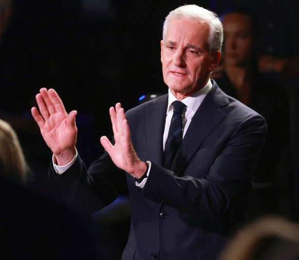Ap leader Jonas Gahr Støre speaks during the televised debate between Norway's three prime ministerial candidates, at Chateau Neuf in Oslo, Sunday, Sept. 7, 2025. (Amanda Pedersen Giske/NTB Scanp ...