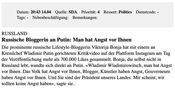 Screenshot einer Agenturmeldung zur russischen Influencerin Bonja (April 2026).