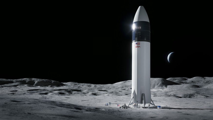 This is an illustration provided by SpaceX shows the SpaceX Starship human lander design that will carry the first NASA astronauts to the surface of the Moon under the Artemis program. Jeff Bezos has  ...