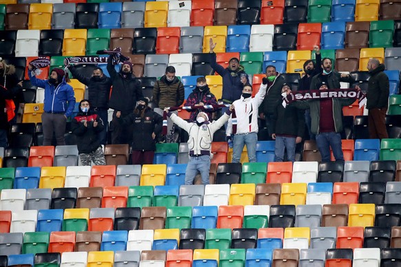epa09652885 View of Salernitana supporters at the Friuli - Dacia Arena stadium before the Italian Serie A soccer match between Udinese Calcio and US Salernitana, in Udine, Italy, 21 December 2021. The ...