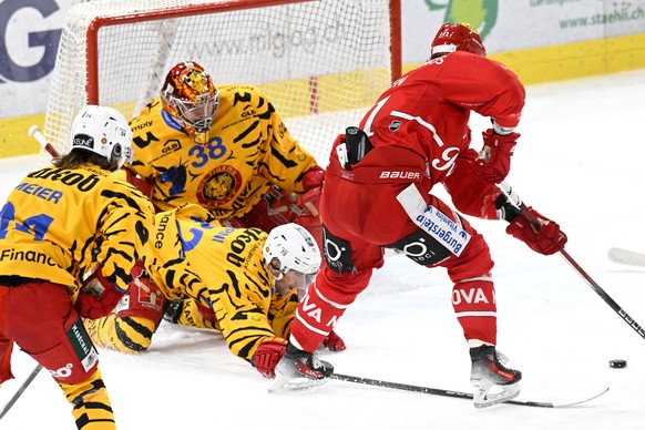 Tigers Noah Meier, Samuel Erni, Goalie Stephane Charlin, von links, im Kampf um den Puck gegen Rapperswils Nicklas Jensen, rechts, beim Eishockey-Qualifikationsspiel der National League, zwischen den  ...