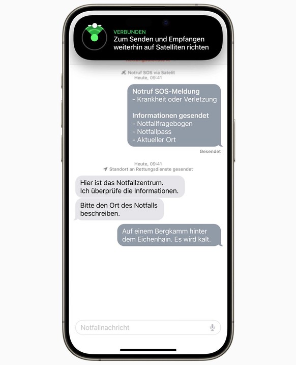 Apple lanciert «Notruf SOS via Satellit» am 22. September 2022 in der Schweiz und in Spanien. Der Dienst ist auf dem iPhone 14 und iPhone 15 verfügbar.