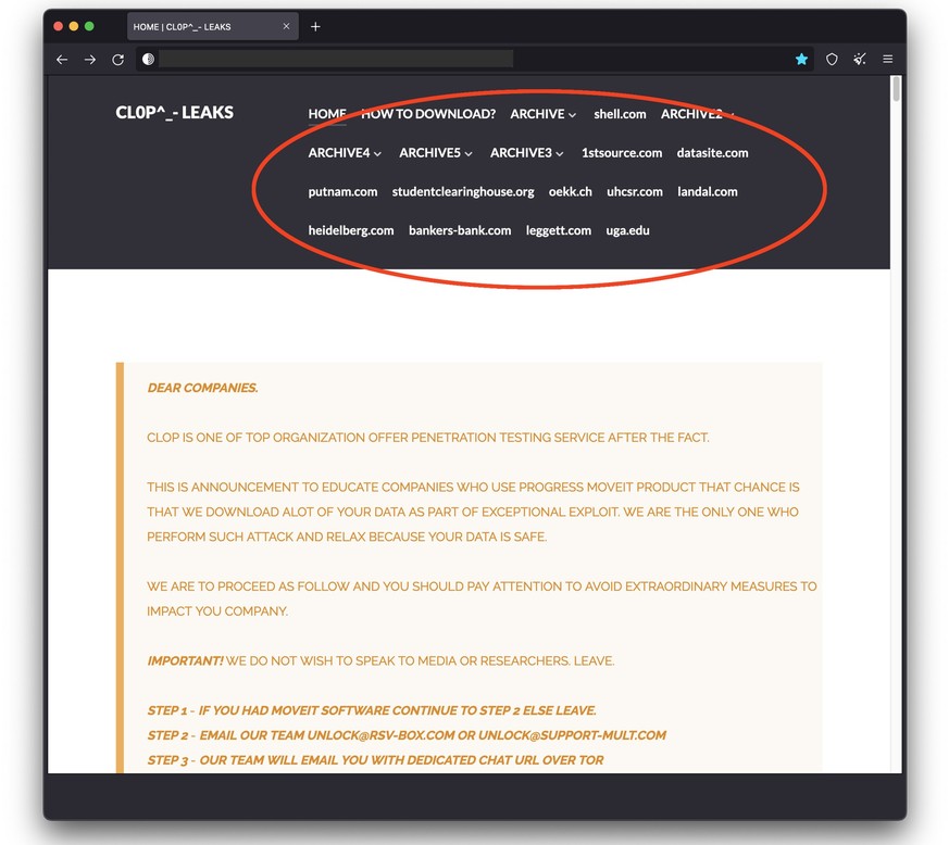 Auf der Leak-Site von Clop im Darknet sind mehrere neue Namen aufgeführt.
