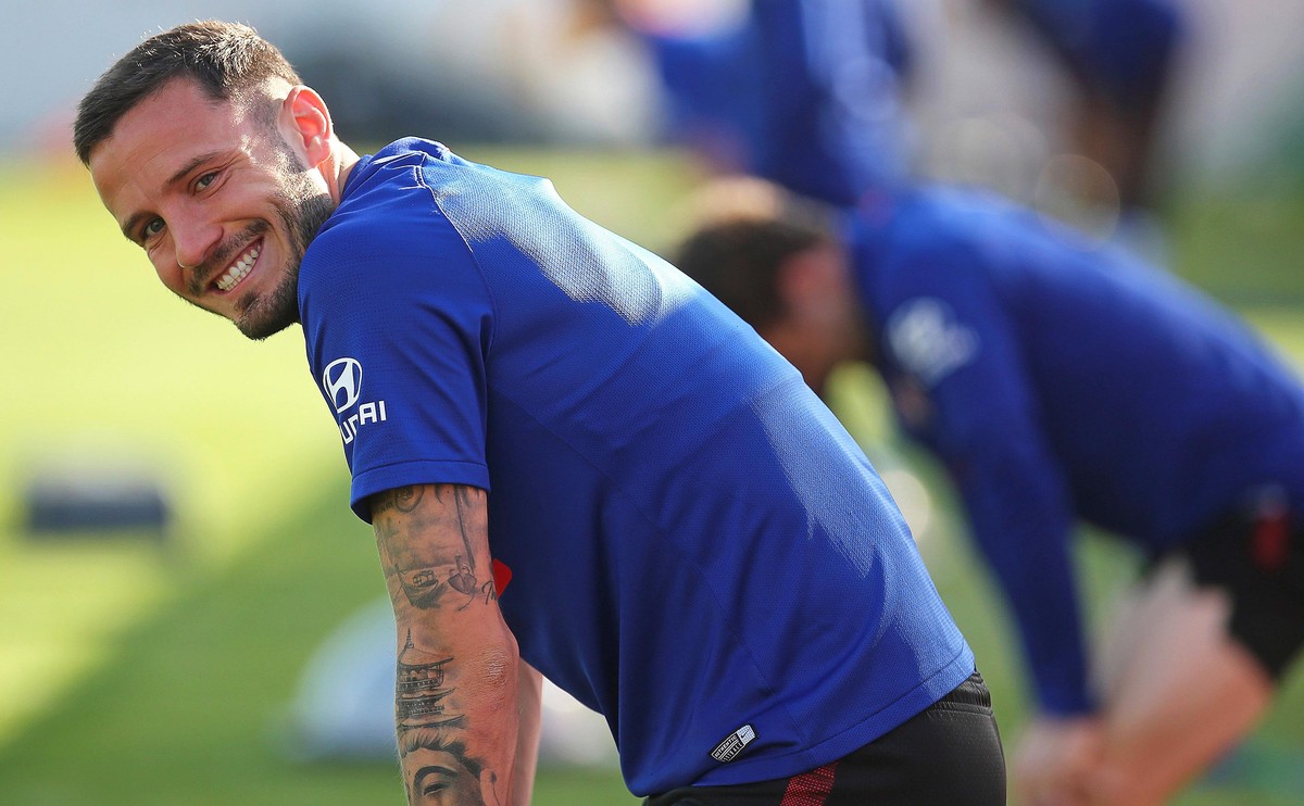 epa08442583 A handout photo made available by Spanish La Liga soccer club Atletico Madrid of Spanish midfielder Saul Niguez during his team's training session at the club's sport complex in  ...