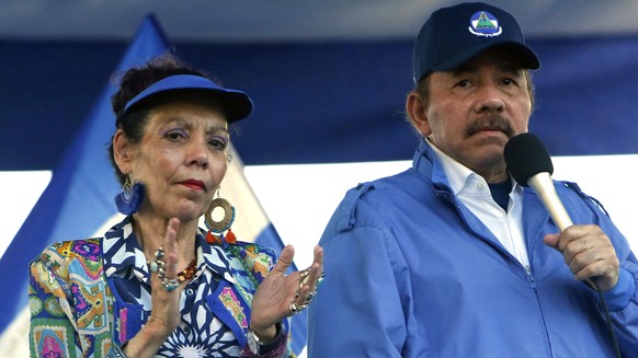 FILE - In this Sept. 5, 2018 file photo, Nicaragua&#039;s President Daniel Ortega and his wife, Vice President Rosario Murillo, lead a rally in Managua, Nicaragua. The European Union on Monday, Aug. 2 ...