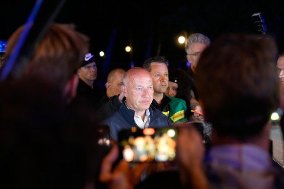 Mayor Kai Wegner speaks to the media in Berlin, early Sunday, July 26, 2026, following the cancellation of Christopher Street Day festivities. (AP Photo/Markus Schreiber)
Germany Pride