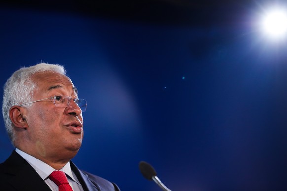 epa08495902 Portuguese Prime Minister Antonio Costa speaks to journalists at the end of the European Council meeting in which he took part by videoconference at the Palacio de Sao Bento in Lisbon, Por ...