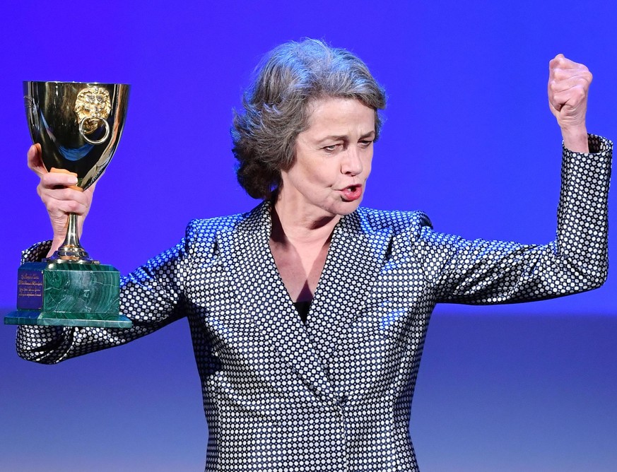 Actress Charlotte Rampling holds the Volpi Cup for best actress for her role in &#039;Hannah&#039; during the award ceremony at the 74th annual Venice International Film Festival, in Venice, Italy, Sa ...