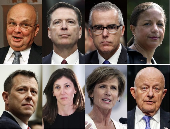 These file photos, top row from left are former CIA Director Michael Hayden, former FBI Director James Comey, former acting FBI director Andrew McCabe and former national security adviser Susan Rice.  ...