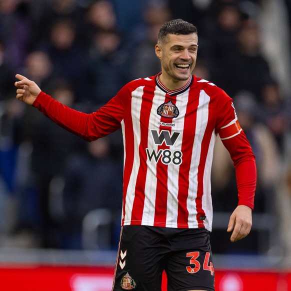 Football - FA Cup - 3rd Round - Everton FC v Sunderland AFC LIVERPOOL, ENGLAND - Saturday, January 10, 2026: Sunderland s captain Granit Xhaka celebrates after scoring his side s second penalty of the ...