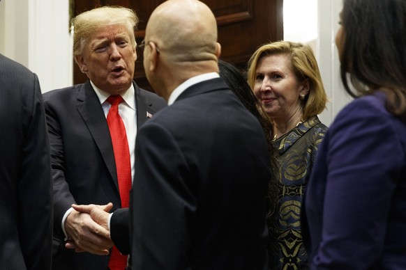 Deputy National Security Adviser Mira Ricardel, right, watches as President Donald Trump arrives for a Diwali ceremonial lighting of the Diya in the Roosevelt Room of the White House, Tuesday, Nov. 13 ...