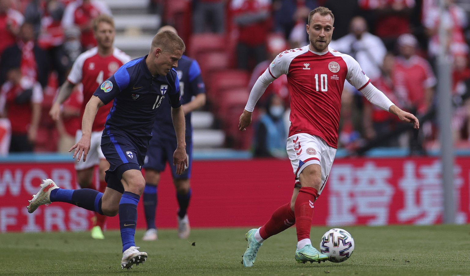 Denmark&#039;s Christian Eriksen controls the ball during the Euro 2020 soccer championship group B match between Denmark and Finland at Parken stadium in Copenhagen, Denmark, Saturday, June 12, 2021. ...