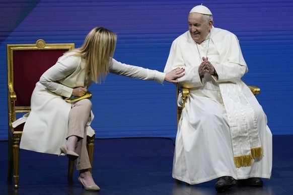FILE - Pope Francis and Giorgia Meloni attend a conference on birth rate, at Auditorium della Conciliazione, in Rome, Friday, May 12, 2023. (AP Photo/Alessandra Tarantino, File)
Vatican Obit Pope Fran ...