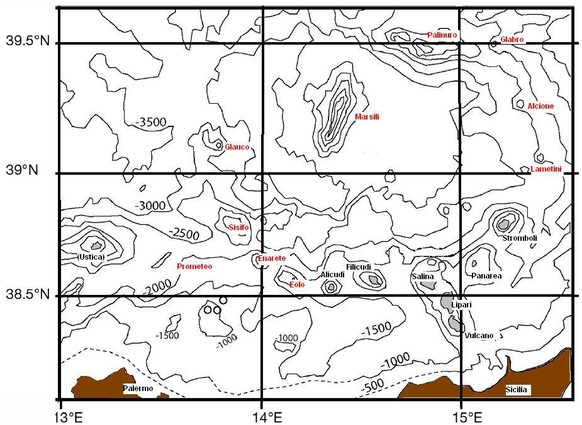 Aeolian arc, including coastline and depth contour lines for every 500 meters. The Aeolian islands are shown in gray (surface) with their respective names in black (including the island of Ustica at c ...