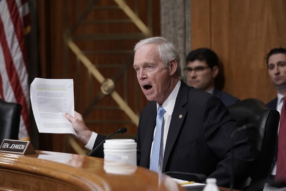 FILE - Sen. Ron Johnson, R-Wis., the ranking member of the Senate Permanent Subcommittee On Investigations, speaks as the panel holds a hearing on charges of corruption and misconduct at the U.S. Peni ...